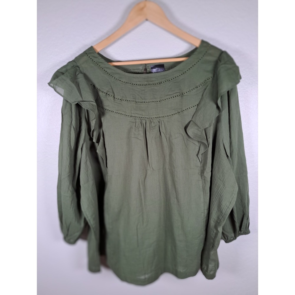 89th + Madison Olive Green Ruffle Eyelet Cotton Gauze Blouse Plus 3X